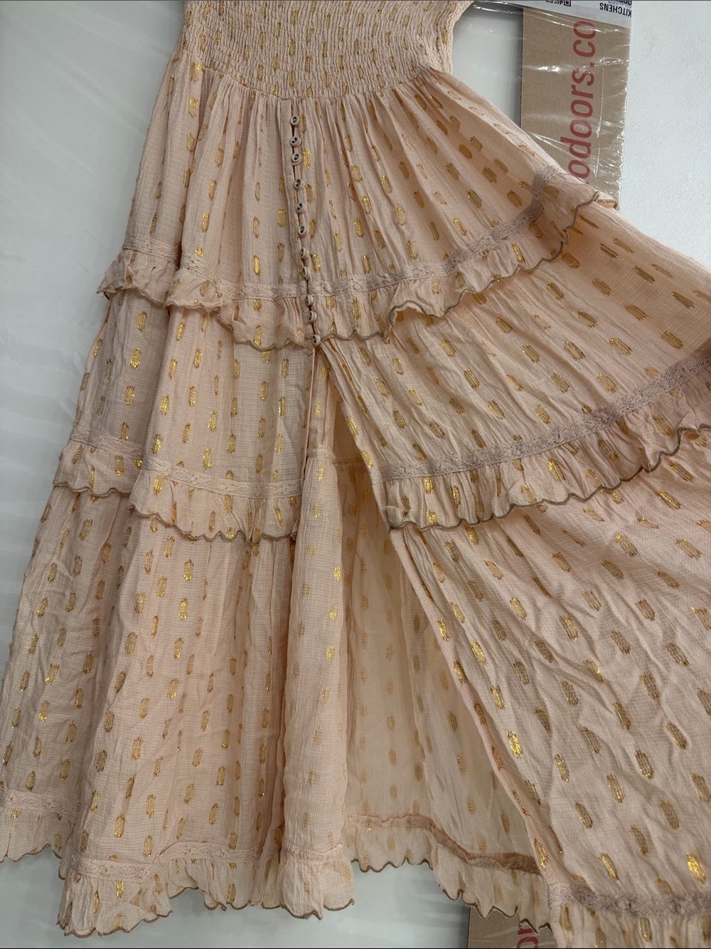 Smocked Tiered Maxi Skirt in Blush with Gold Accents - Picture 3 of 6